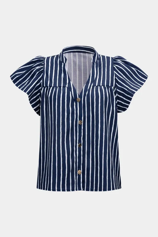 Stripes Print V-Neck Flutter Sleeve Shirt sold by Micas