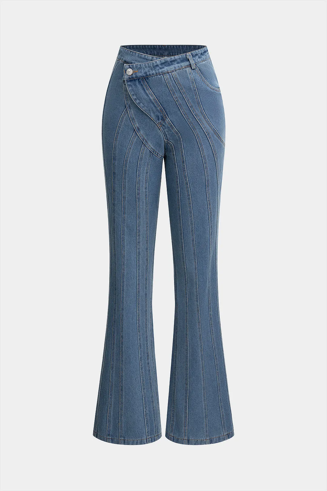 Denim High Waist Asymmetrical Flared Jeans sold by Micas