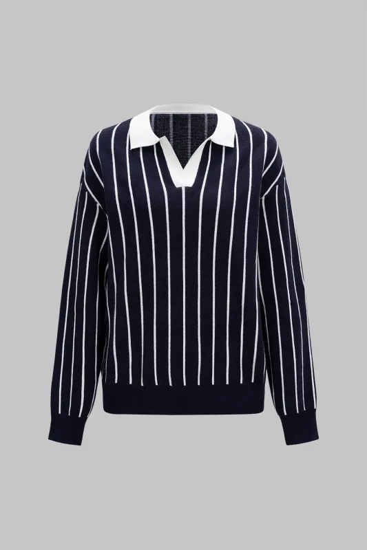 Knit Stripes Print Collar Long-Sleeve Top sold by Micas