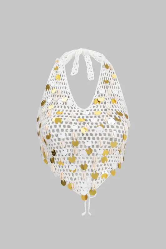 Knit Sequin Halter Cut Out Backless Tie-Up Top sold by Micas