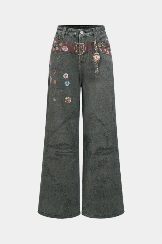 Graffiti Print Denim Wide Leg Pants sold by Micas