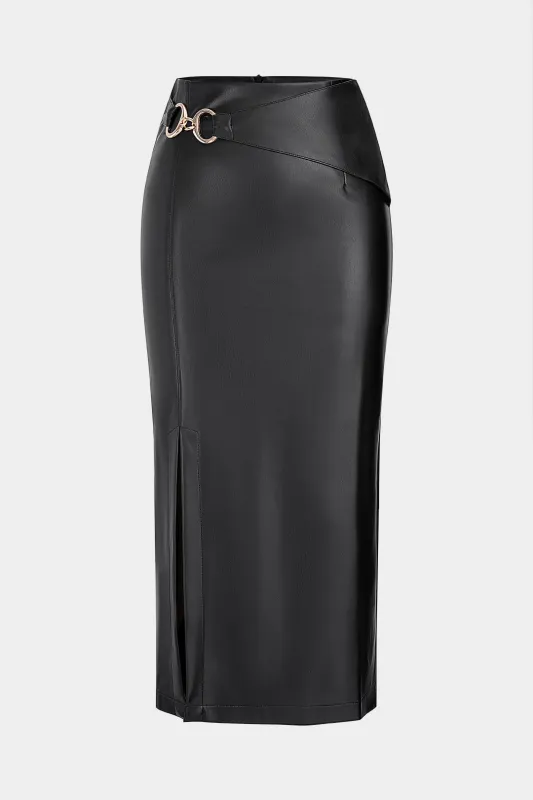Faux Leather Metallic Buckle Slit Skirt sold by Micas