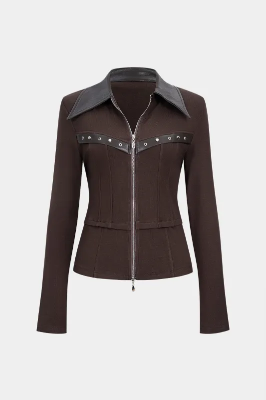 Faux Leather Patchwork Zipper Studded Long-Sleeve Top sold by Micas