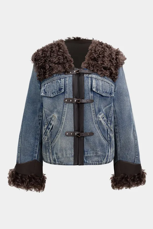 Denim Patchwork Faux Fur Pocket Outerwear sold by Micas