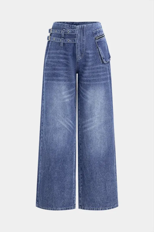 Denim Asymmetrical Pocket High Waist Wide Leg Jeans sold by Micas