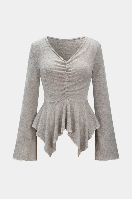V-Neck Ruffle Hem Ruched Bell Long-Sleeve Top sold by Micas