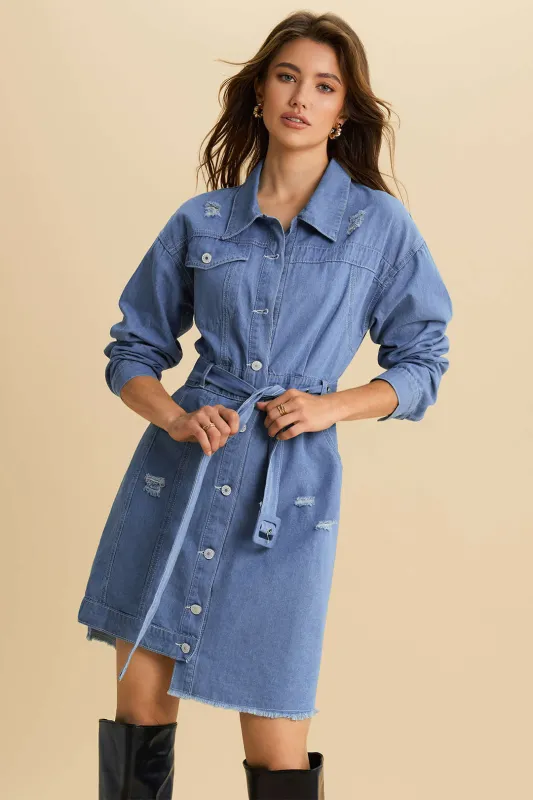 Denim Tie Front Long Sleeve Dress sold by Micas