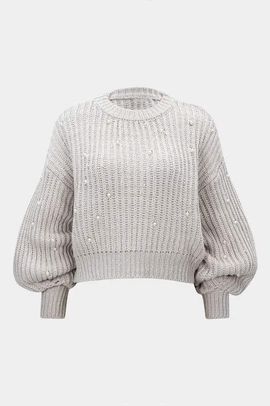 Knit Beaded Decor Round Neck Long-Sleeve Top sold by Micas