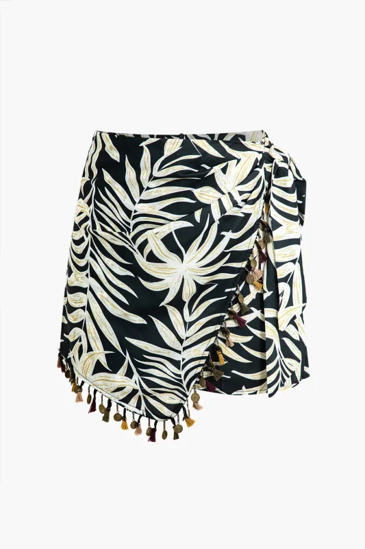Palm Leaf Print Chiffon Fringe Asymmetrical Tie Knot Skirt sold by Micas