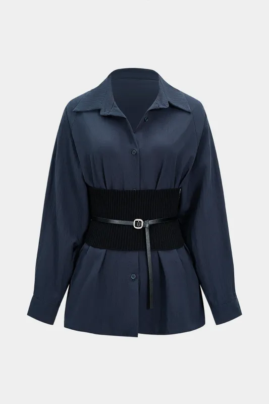 Patchwork Belted Long-Sleeve Shirt sold by Micas