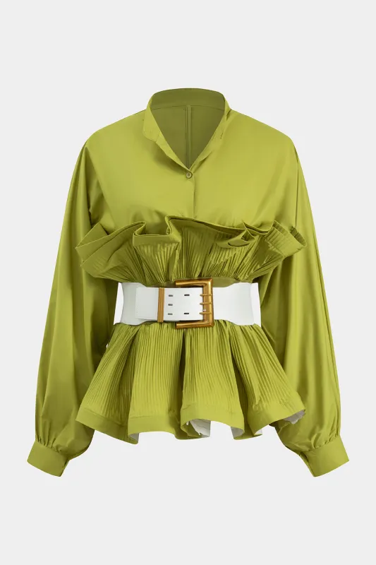 Pleated Ruffle Belted Long-Sleeve Shirt sold by Micas