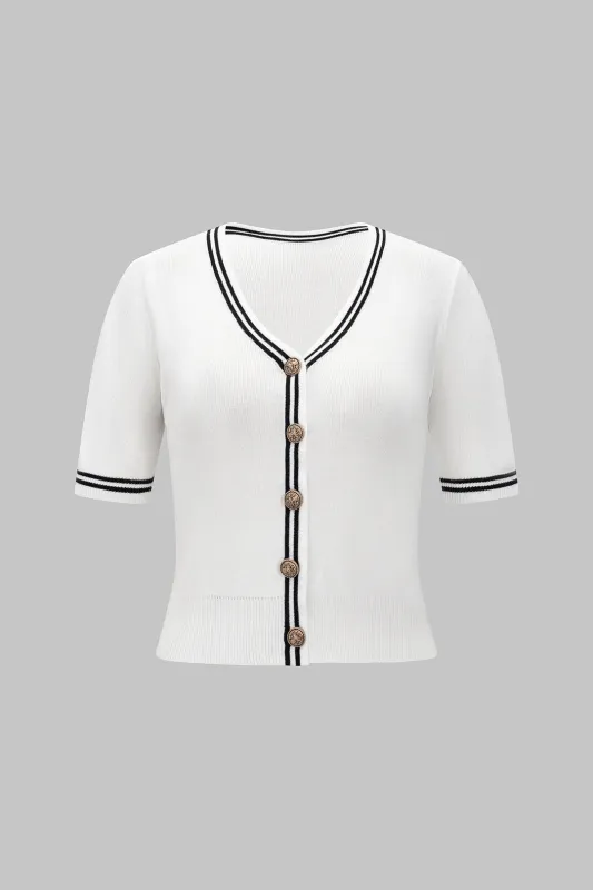 Knit V-Neck Contrast Binding Short-Sleeve Top sold by Micas