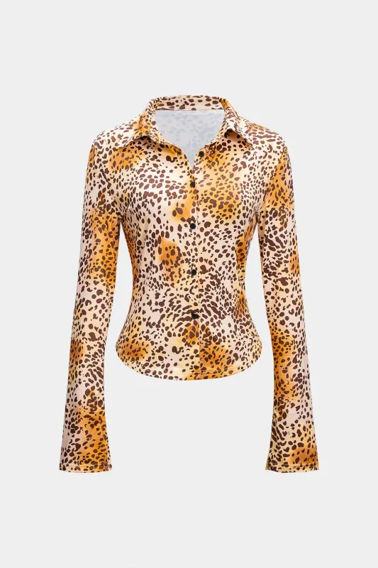 Leopard Print Lapel Long-Sleeve Top sold by Micas