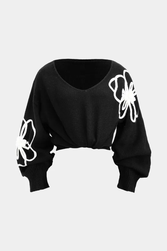 Knit V-Neck Flower Applique Long-Sleeve Top sold by Micas