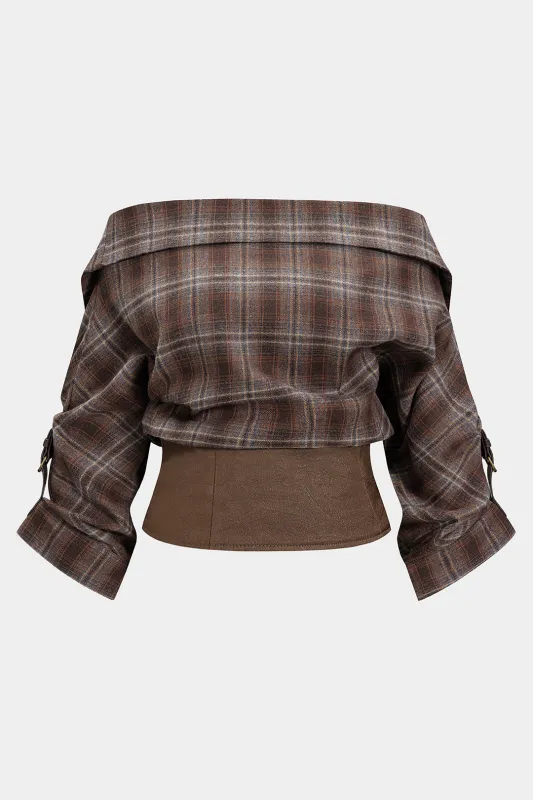 Plus Size Plaid Print Off Shoulder Zipper Long-Sleeve Shirt sold by Micas