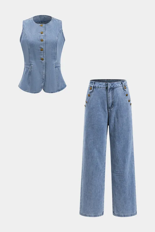 Denim Button Vest And Straight Jeans Set sold by Micas