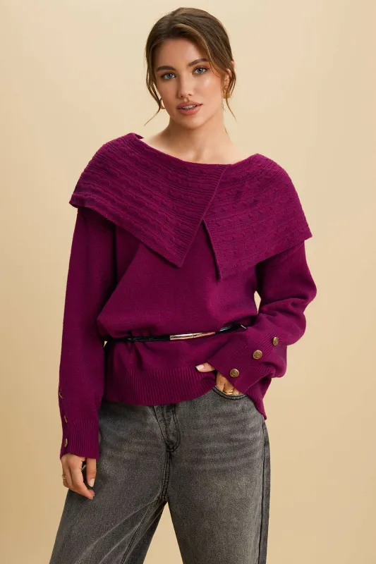 Knit Irregular Lapel Button Long-Sleeve Top sold by Micas