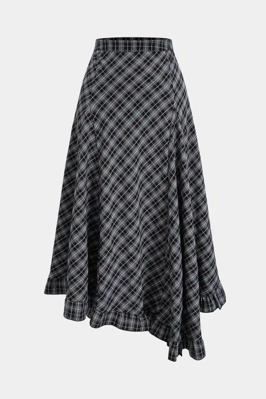 Plaid Contrast Print Scallop Edge Asymmetrical Skirt sold by Micas