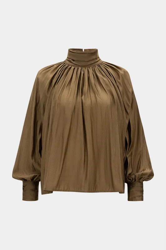 Mock Neck Ruched Button Long-Sleeve Shirt sold by Micas