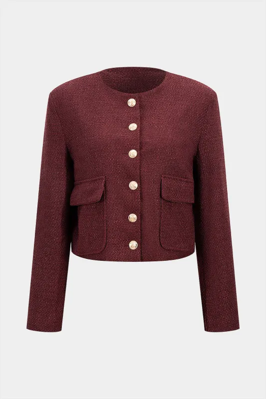 Tweed Round Neck Metallic Button Pocket Top sold by Micas