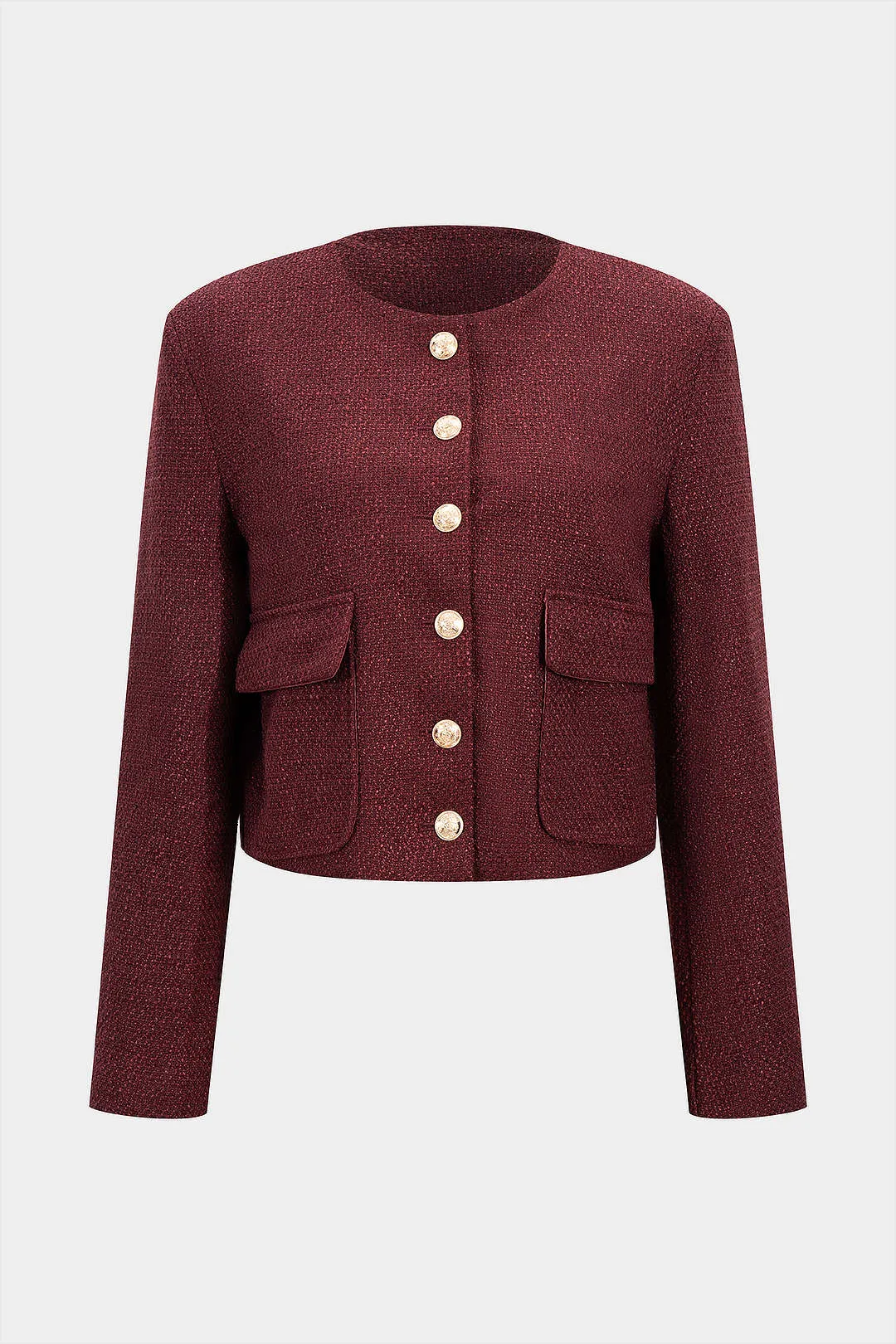 Tweed Round Neck Metallic Button Pocket Top sold by Micas