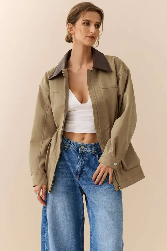 Faux Leather Patchwork Pocket Zipper Jacket sold by Micas