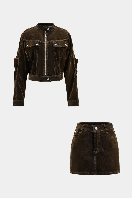 Denim Zipper Long-Sleeve Cropped Jacket And Mini Skirt Suit sold by Micas