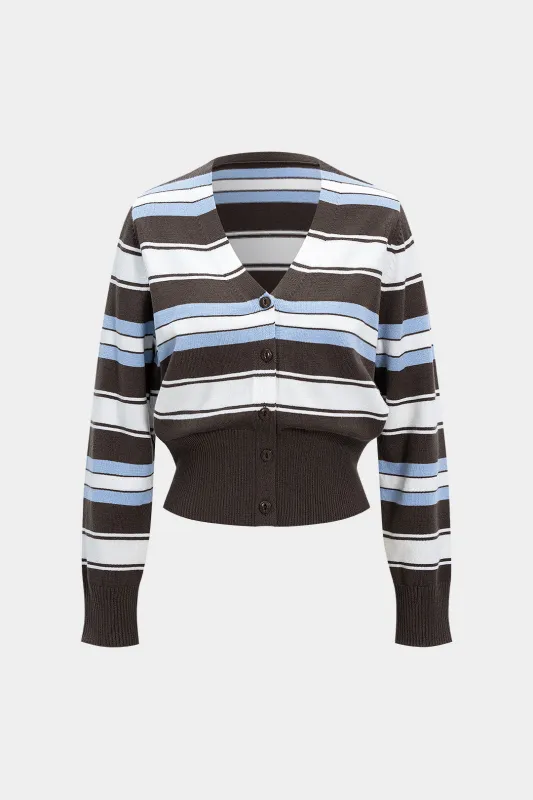 Knit Contrast Stripes Print V-Neck Button Long-Sleeve Top sold by Micas