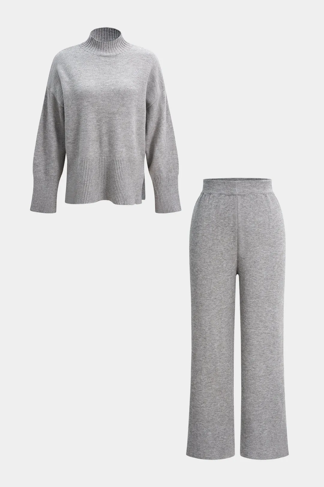 Knit Mock Neck Side Slit Long-Sleeve Top And Wide Leg Pants sold by Micas