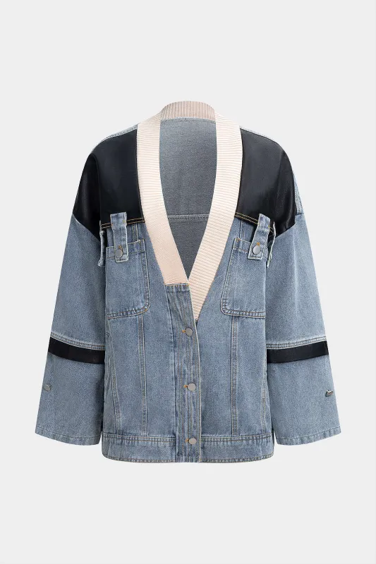 Denim Faux Leather Patchwork Outerwear sold by Micas