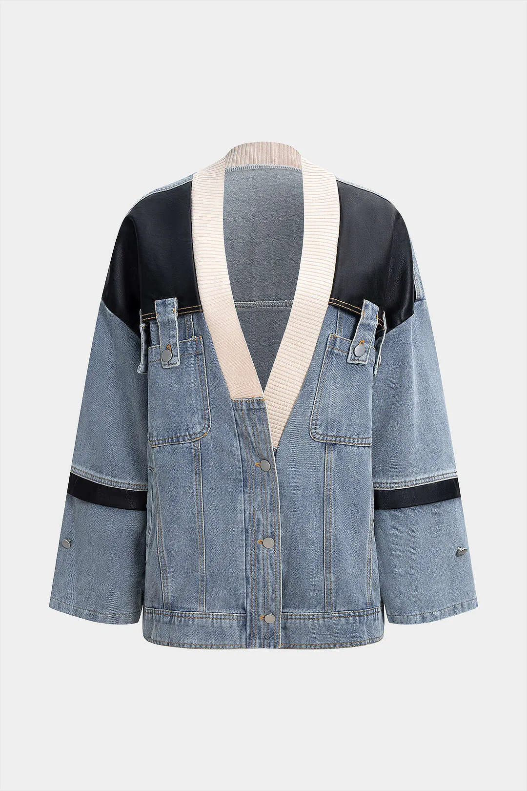 Denim Faux Leather Patchwork Outerwear sold by Micas