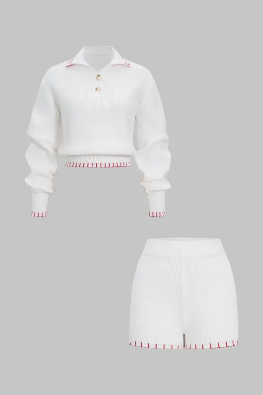 Knit Contrast Button Ribbed Long-Sleeve Top And Shorts Set sold by Micas