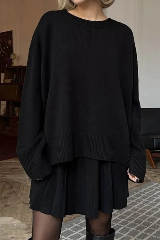 Knit Round Neck Long-Sleeve Top And Pleated Belted Skirt Set sold by Micas