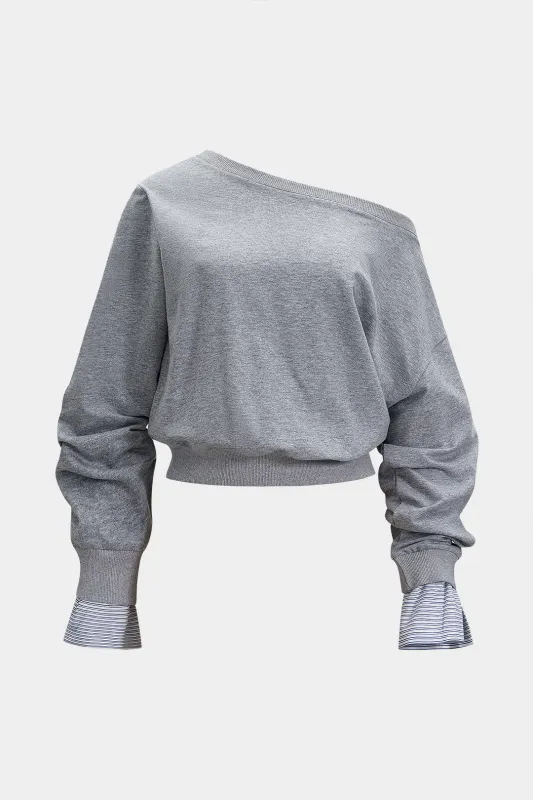 Striped Print One-Shoulder Long Sleeve Sweatshirt sold by Micas