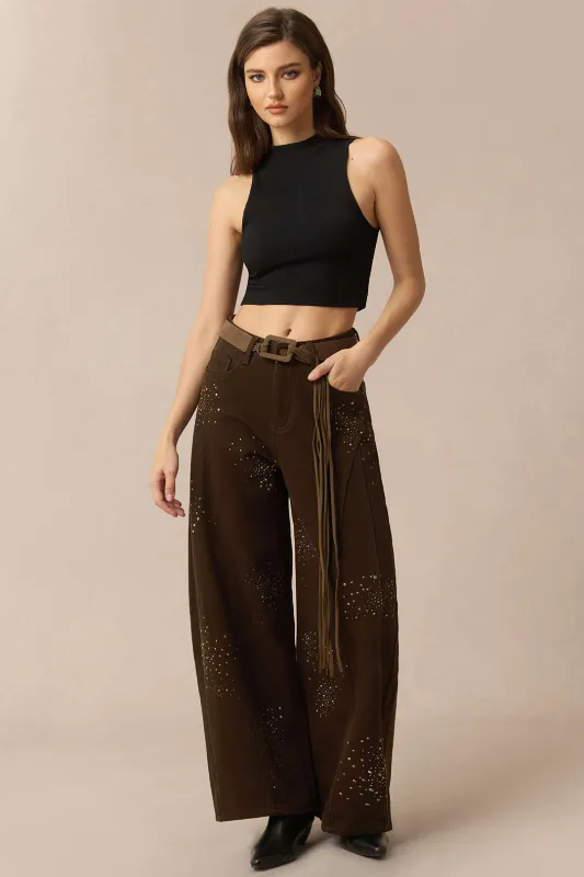 Denim Rhinestone Cecor Blted Wide Leg Jeans sold by Micas