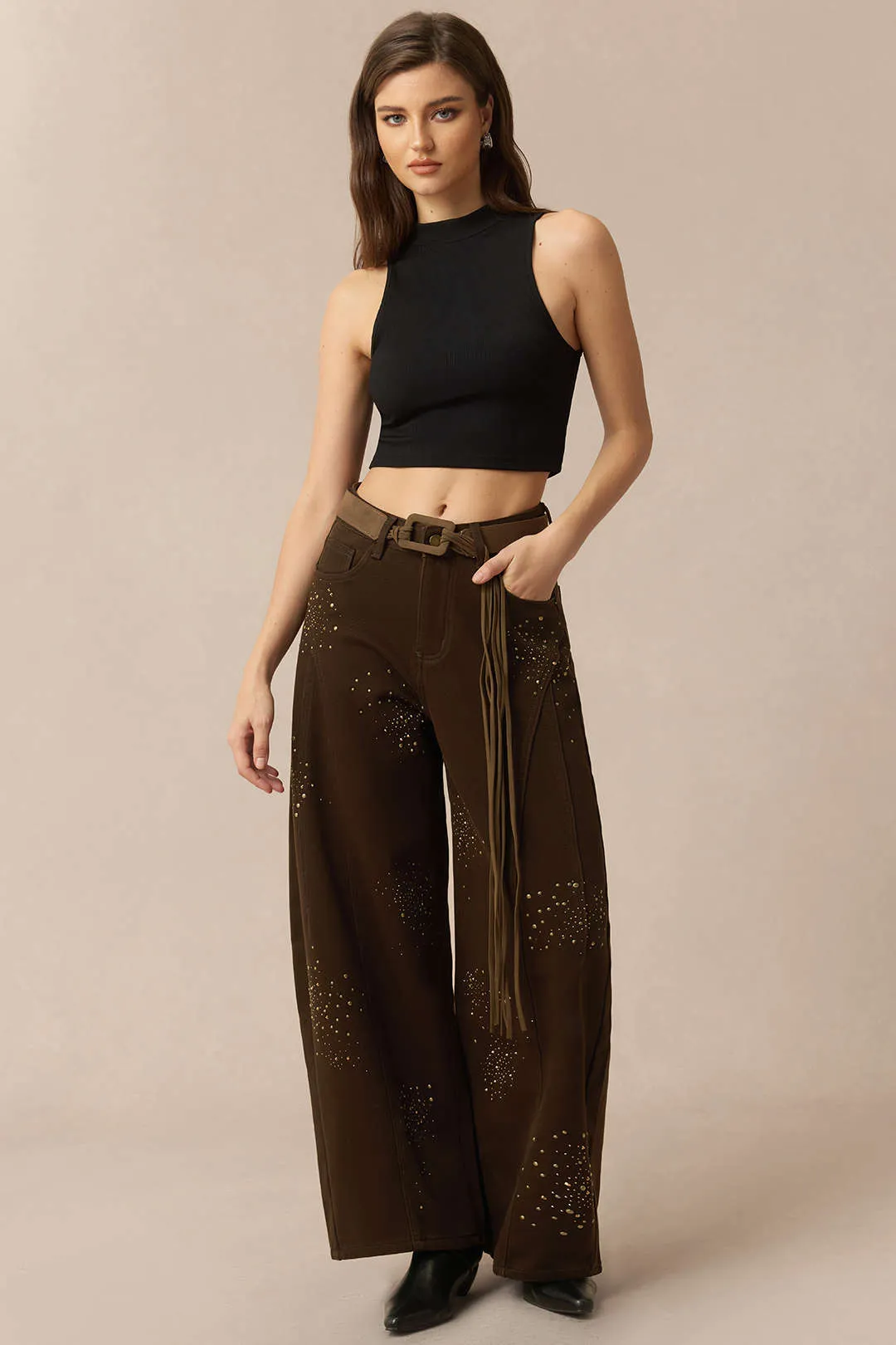 Denim Rhinestone Cecor Blted Wide Leg Jeans sold by Micas