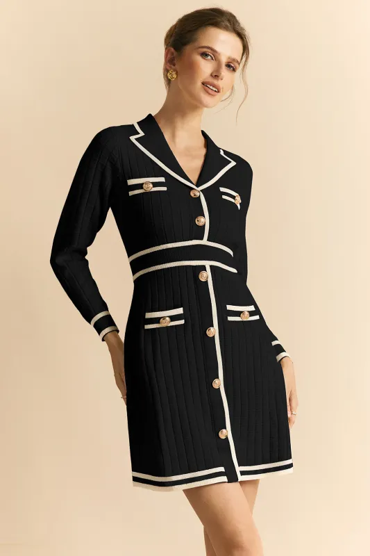 Knit Contrast Metallic Button Long Sleeve Dress sold by Micas