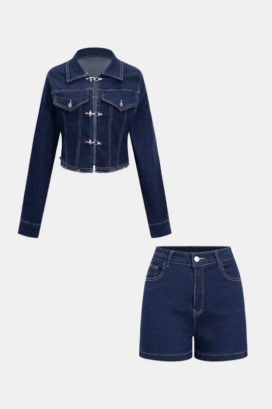 Denim Metallic Buckle Frayed Outerwear And Shorts Suit sold by Micas