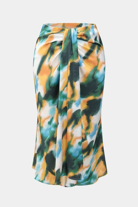 Plus Size Abstract Print Satin High Waist Ruched Skirt sold by Micas