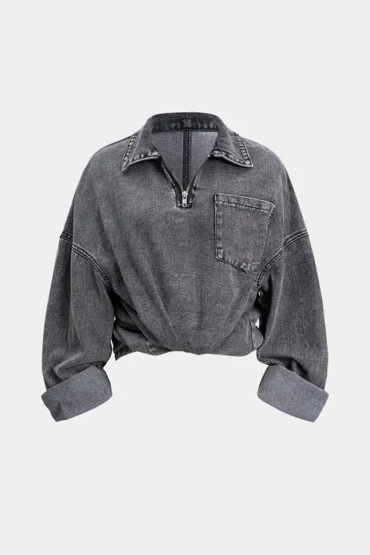 Denim Zipper Long Sleeve T-Shirt sold by Micas