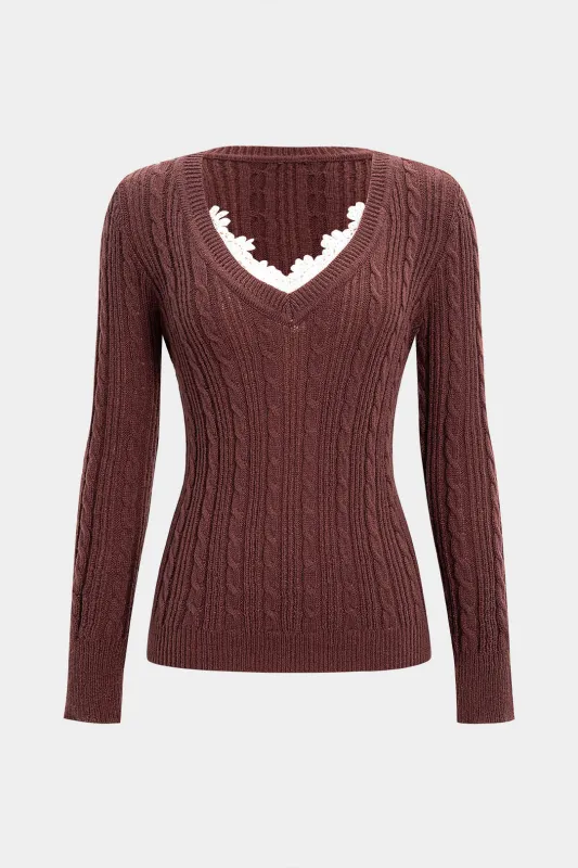 Cable Knit Lace Patchwork V-Neck Long Sleeve Top sold by Micas