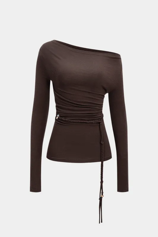 Asymmetrical Shoulder Braided Long-Sleeve Top sold by Micas