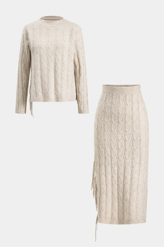 Cable Knit Fringe Long-Sleeve Top And Skirt Set sold by Micas