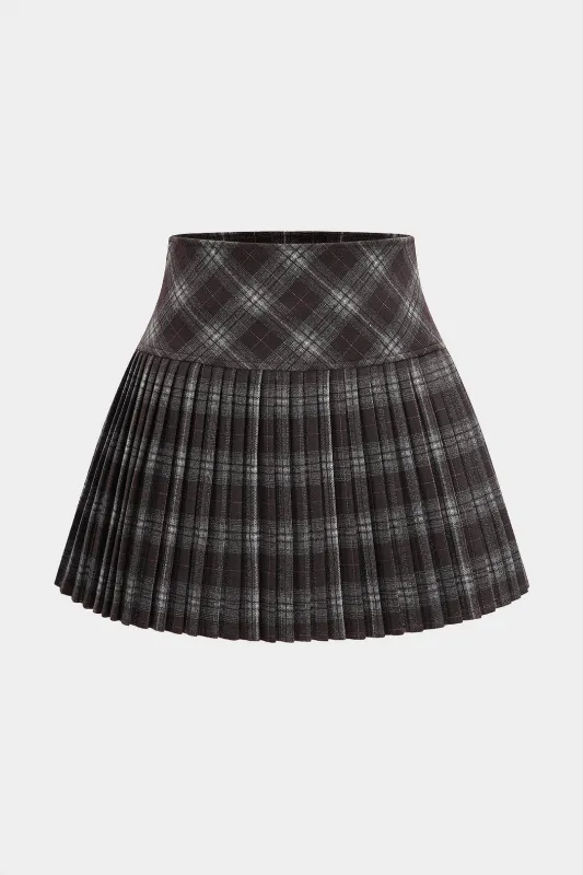 Plaid Print Woolen Pleated Skirt sold by Micas