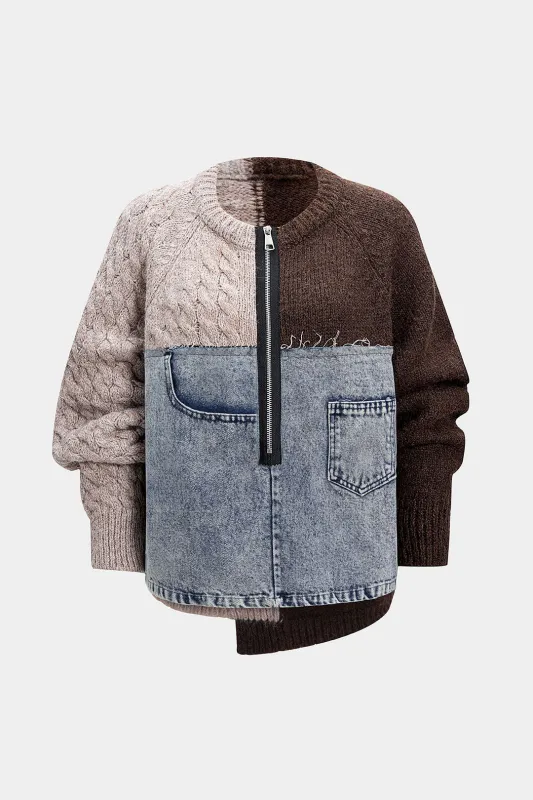 Contrast Knit Patchwork Zipper Long-Sleeve Top sold by Micas