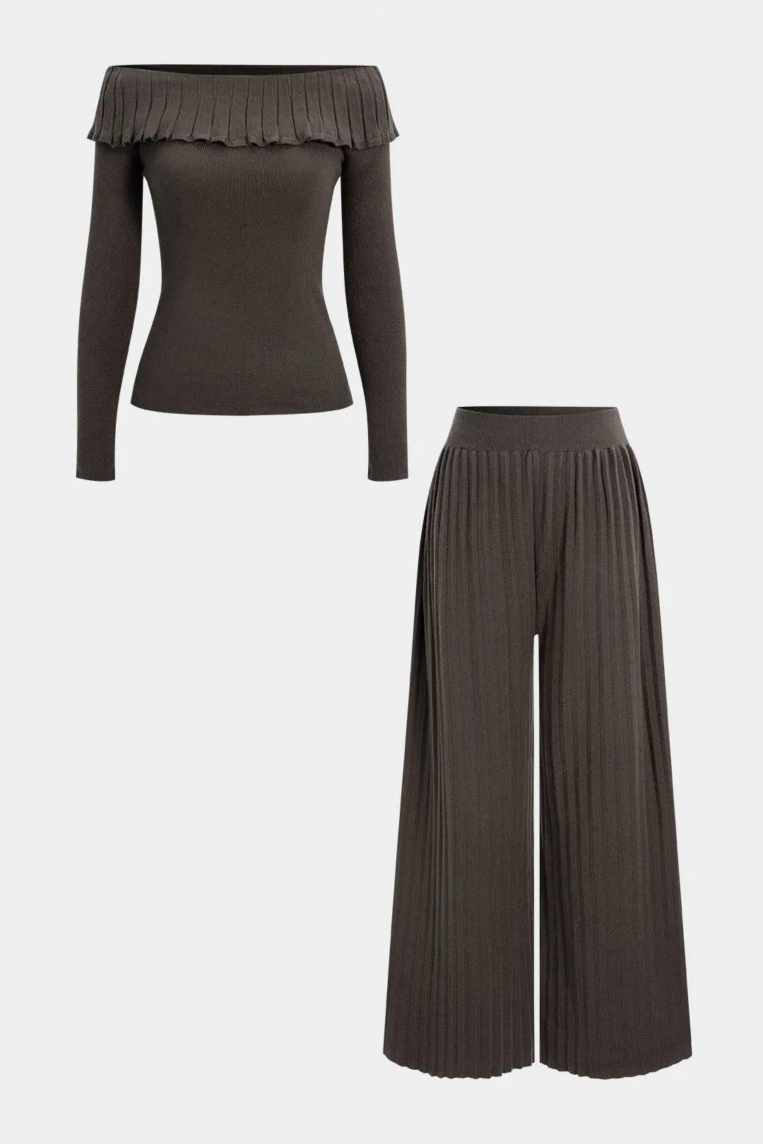 Knit Off Shoulder Ruffle Long-Sleeve Top And Wide Leg Pants Set sold by Micas