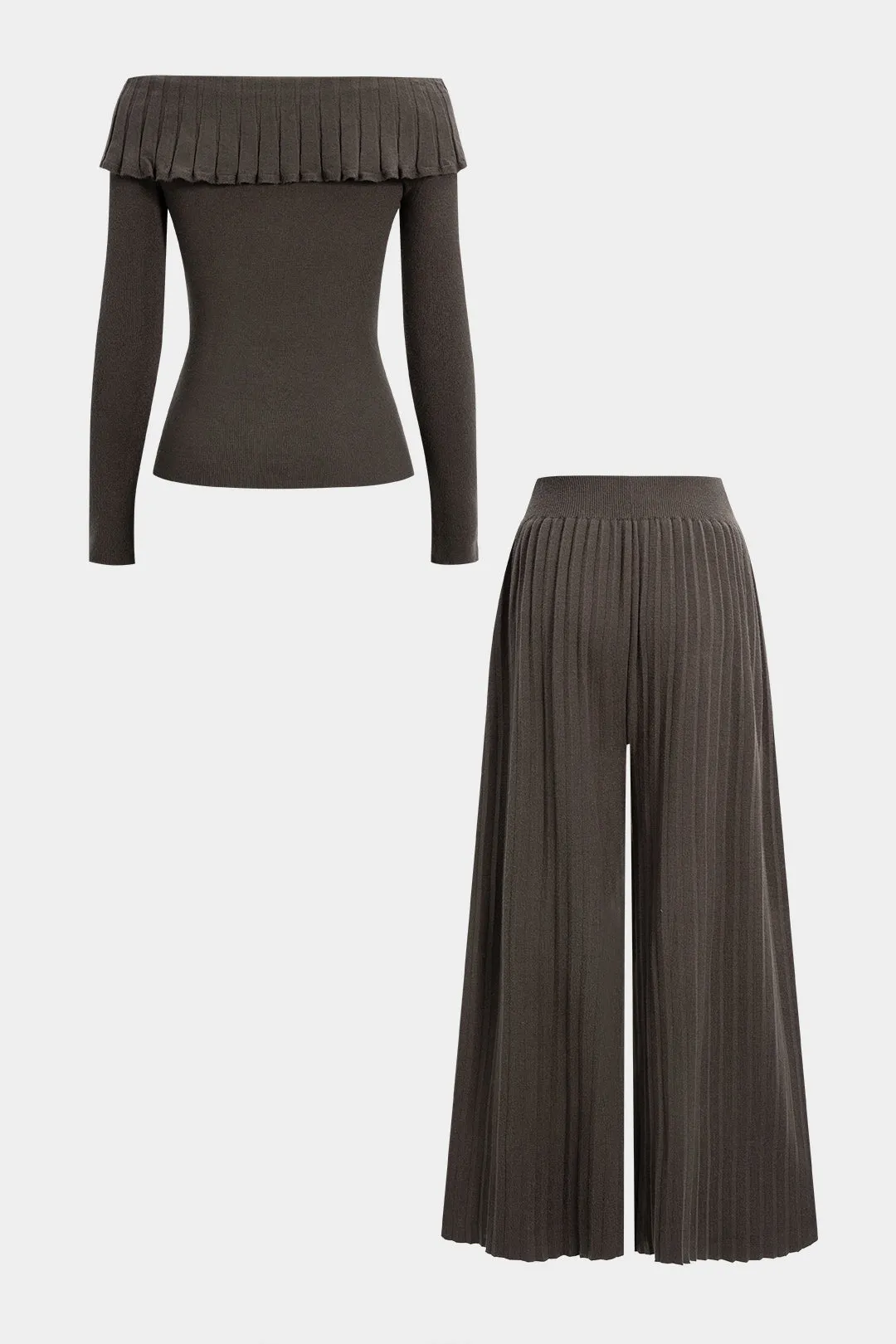 Knit Off Shoulder Ruffle Long-Sleeve Top And Wide Leg Pants Set sold by Micas product image thumbnail 2