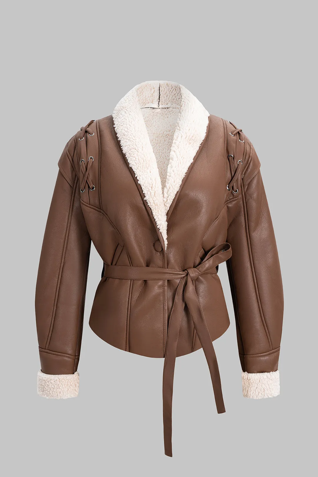 Faux Leather Belted Coat sold by Micas