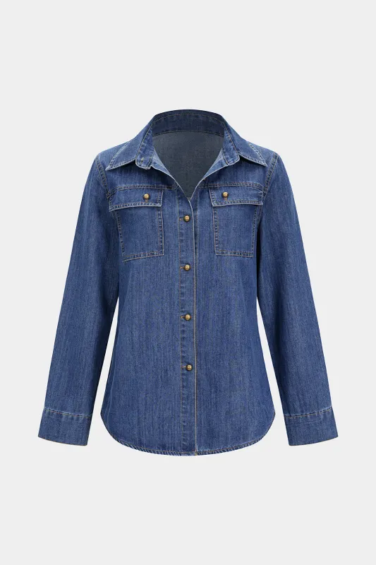 Denim Button Contrast Whipstitching Long Sleeve Shirt sold by Micas