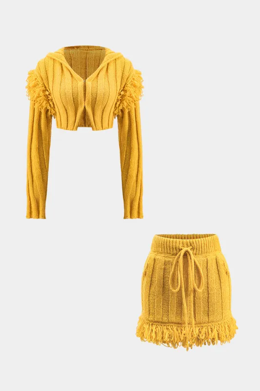 Knit Fringe Long-Sleeve Top And Drawstring Tie-Up Mini Skirt Set sold by Micas